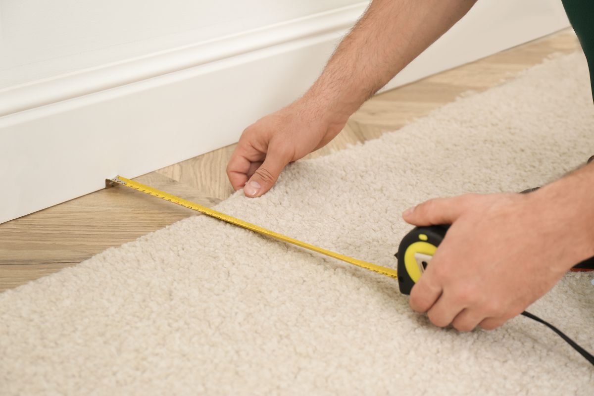 A person measures the gap between a carpet and wall using a yellow tape measure on a wooden floor.